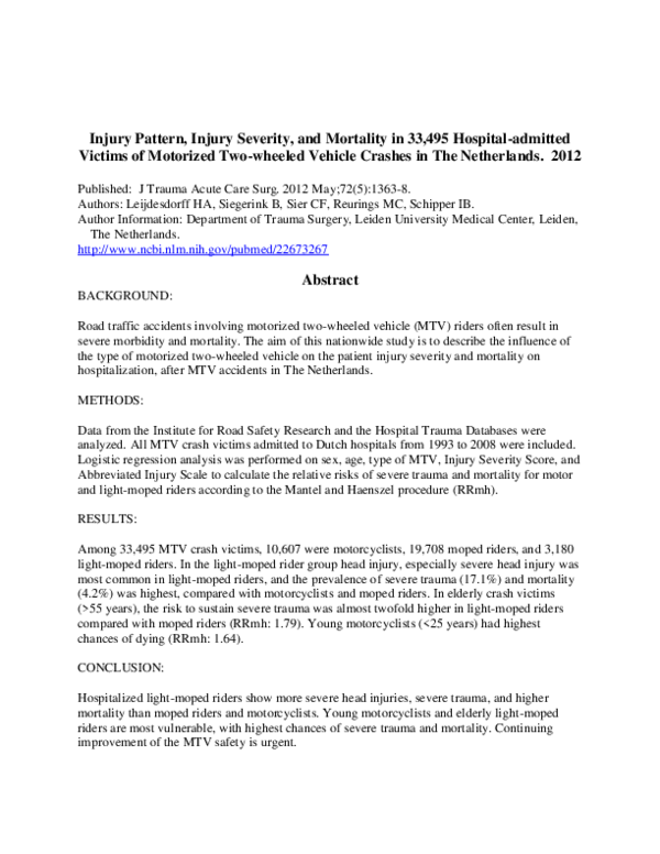 (PDF) Injury pattern, injury severity, and mortality in 33,495 hospital ...