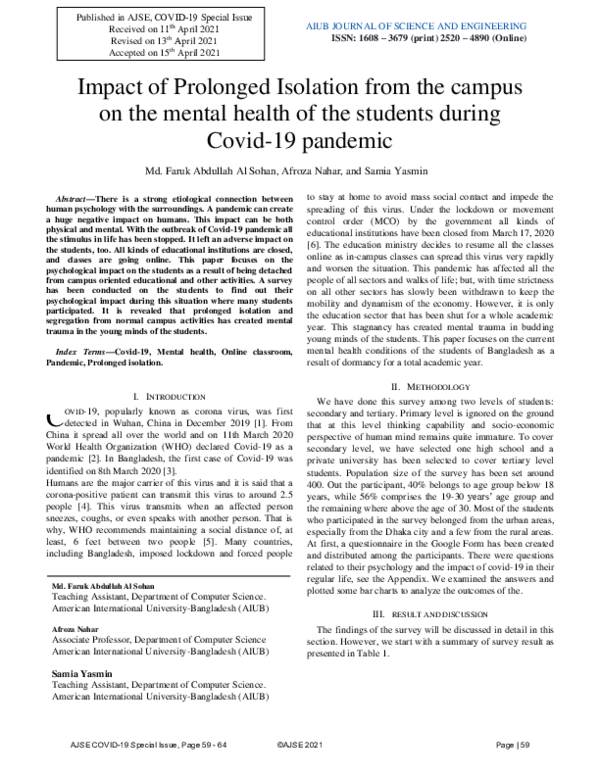 (PDF) Impact of Prolonged Isolation from the campus on the mental ...