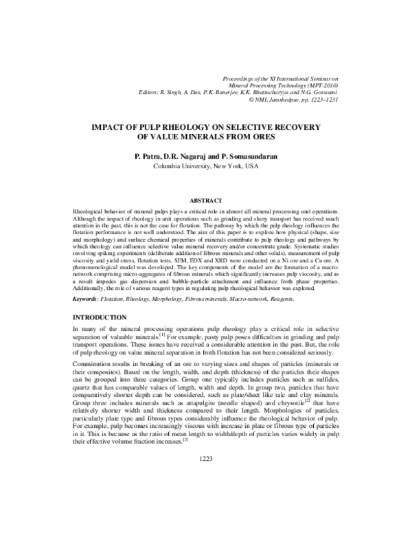 (PDF) Impact of pulp rheology on selective recovery of value minerals ...