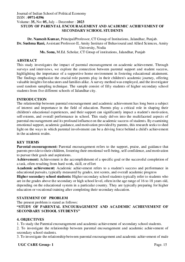 (PDF) STUDY OF PARENTAL ENCOURAGEMENT AND ACADEMIC ACHIEVEMENT OF ...