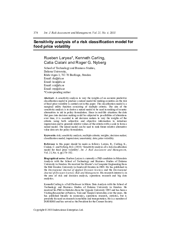 (PDF) Sensitivity analysis of a risk classification model for food ...
