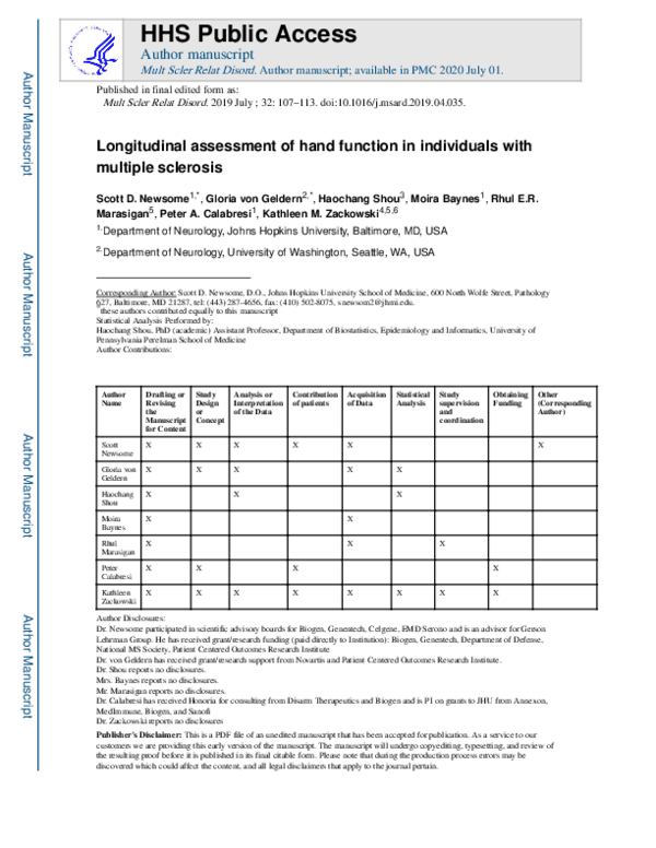 (PDF) Longitudinal assessment of hand function in individuals with ...