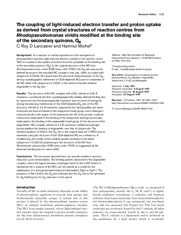 (PDF) The coupling of light-induced electron transfer and proton uptake ...