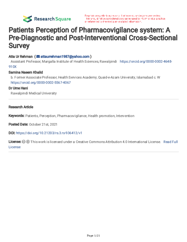 (PDF) Patients Perception of Pharmacovigilance system: A Pre-Diagnostic ...