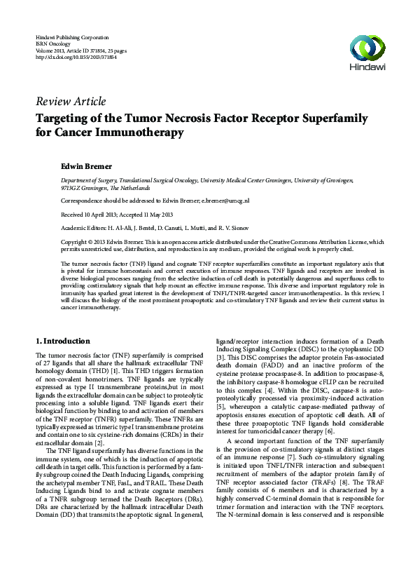 (PDF) Targeting of the tumor necrosis factor receptor superfamily for ...
