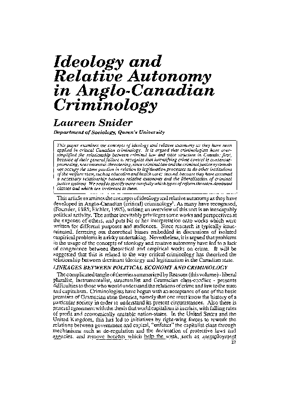 (PDF) Ideology and relative autonomy in anglo-canadian criminology
