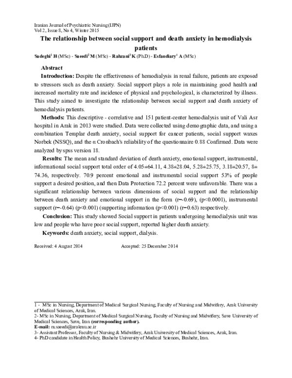 (PDF) The relationship between social support and death anxiety in ...