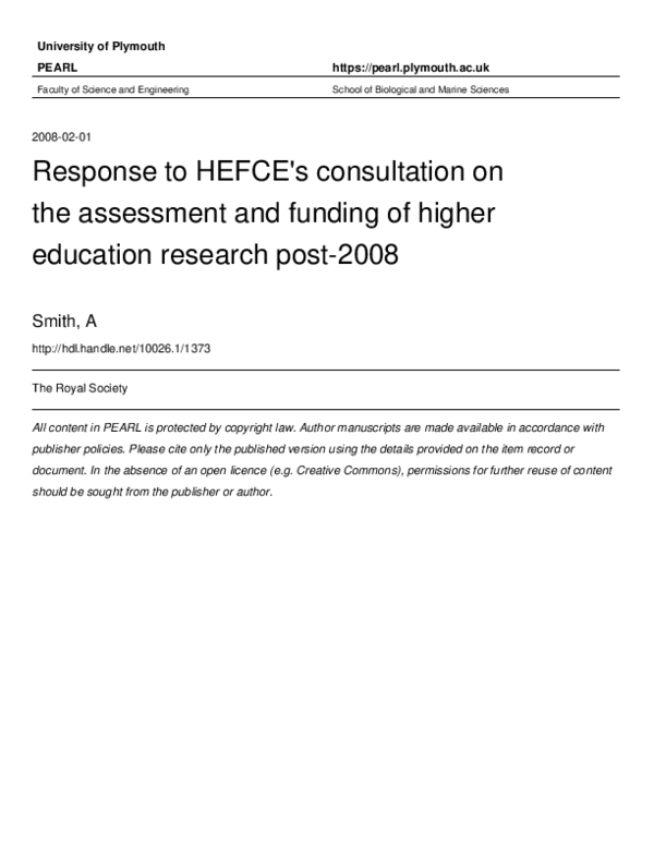 (PDF) Response to HEFCE’s consultation on the assessment and funding of ...
