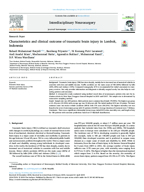 (PDF) Characteristics and clinical outcome of traumatic brain injury in ...