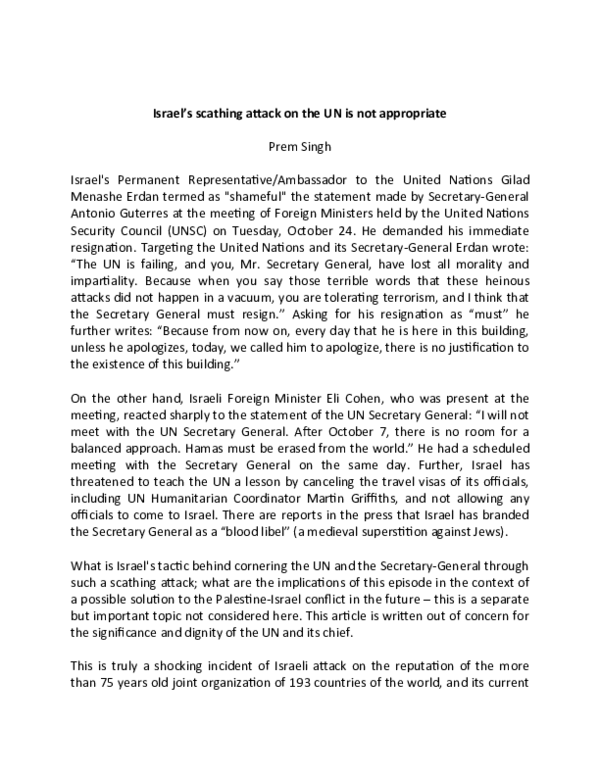 (DOC) Israel’s scathing attack on the UN is not appropriate