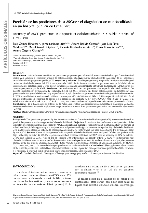 (PDF) [Accuracy of ASGE predictors in diagnosis of coledocolithiasis in ...