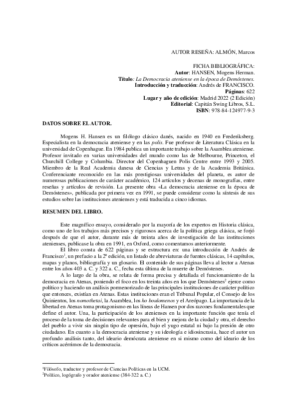 (PDF) RESEÑA LIBRO: La Democracia ateniense en la época de Demóstenes.