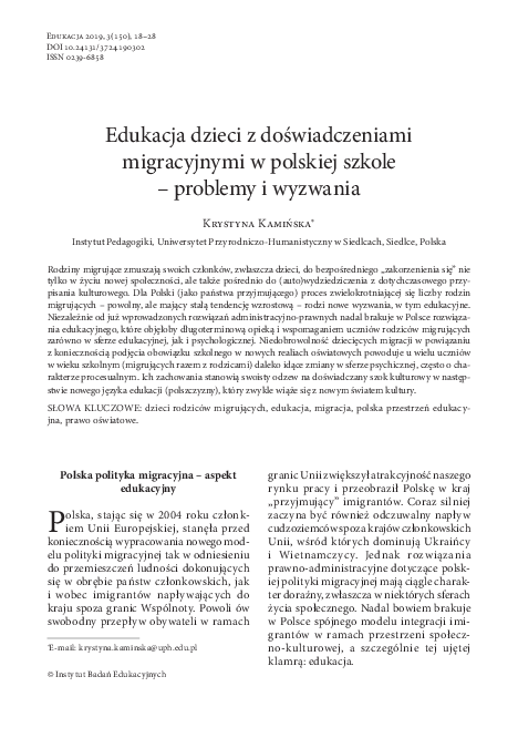 (PDF) Edukacja dzieci z doświadczeniami migracyjnymi w polskiej szkole