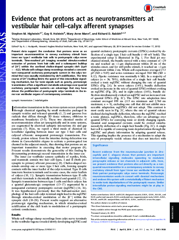 (PDF) Evidence that protons act as neurotransmitters at vestibular hair ...