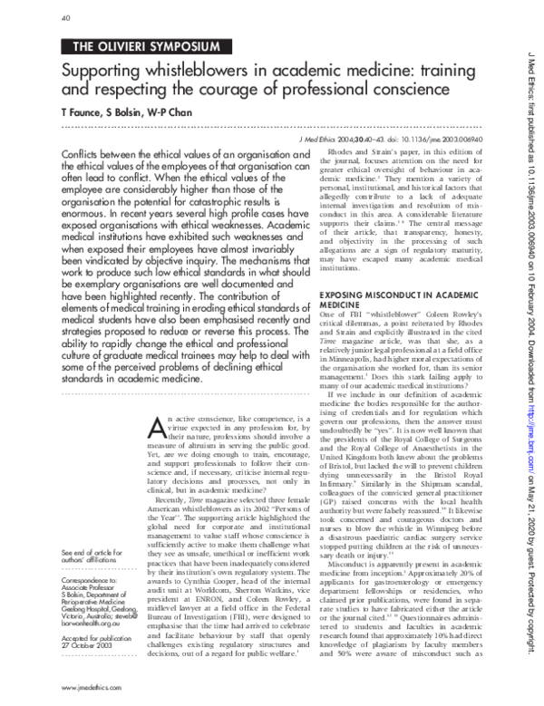 (PDF) Supporting whistleblowers in academic medicine: training and ...