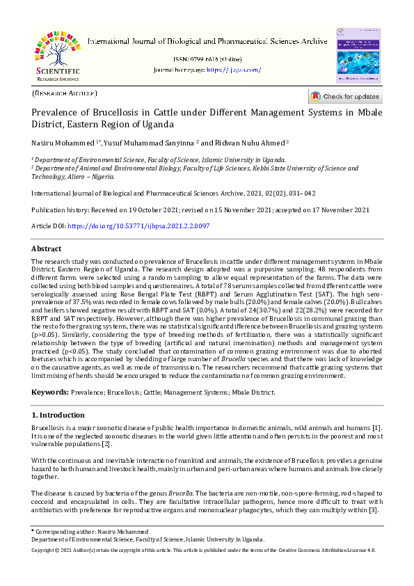 (PDF) Prevalence of Brucellosis in Cattle under Different Management ...