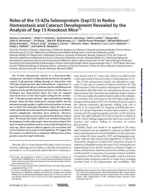(PDF) Roles of the 15-kDa Selenoprotein (Sep15) in Redox Homeostasis ...
