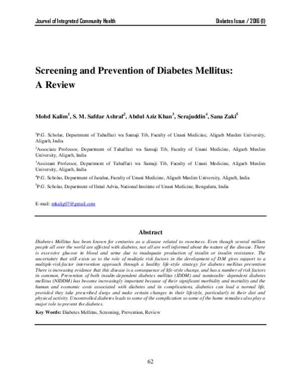 (PDF) Screening and Prevention of Diabetes Mellitus: A Review