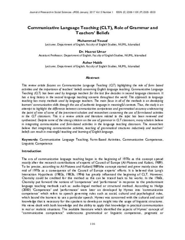 (PDF) Communicative Language Teaching (CLT), Role of Grammar and ...