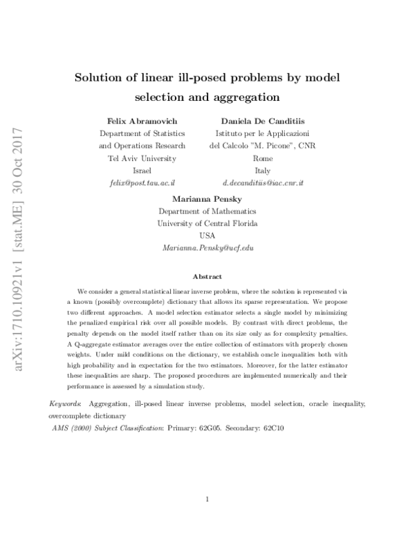 Solution of linear ill-posed problems by model selection and aggregation