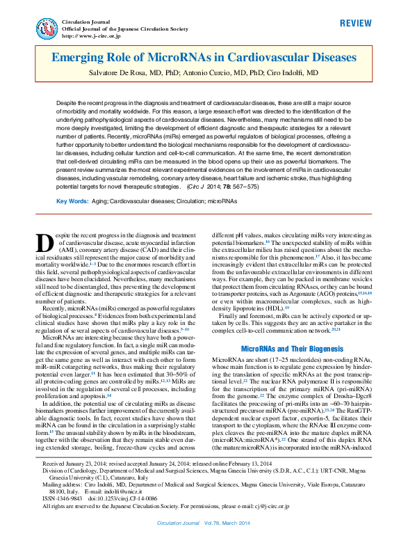 (PDF) Emerging Role of MicroRNAs in Cardiovascular Diseases