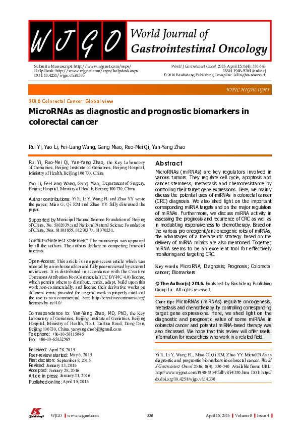 (PDF) MicroRNAs as diagnostic and prognostic biomarkers in colorectal ...