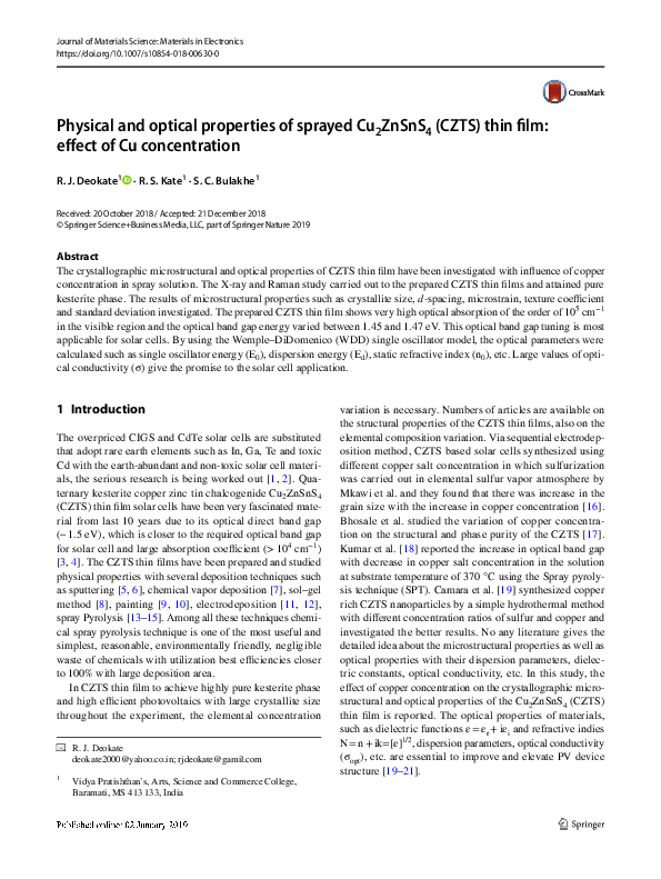 (PDF) Physical and optical properties of sprayed Cu2ZnSnS4 (CZTS) thin ...