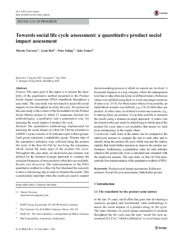 (PDF) Towards social life cycle assessment: a quantitative product ...