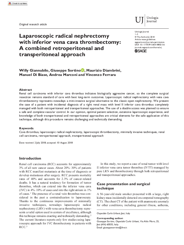(PDF) Laparoscopic radical nephrectomy with inferior vena cava thrombectomy