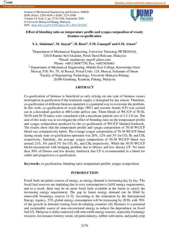 (PDF) Effect of Blending Ratio on Temperature Profile and Syngas ...