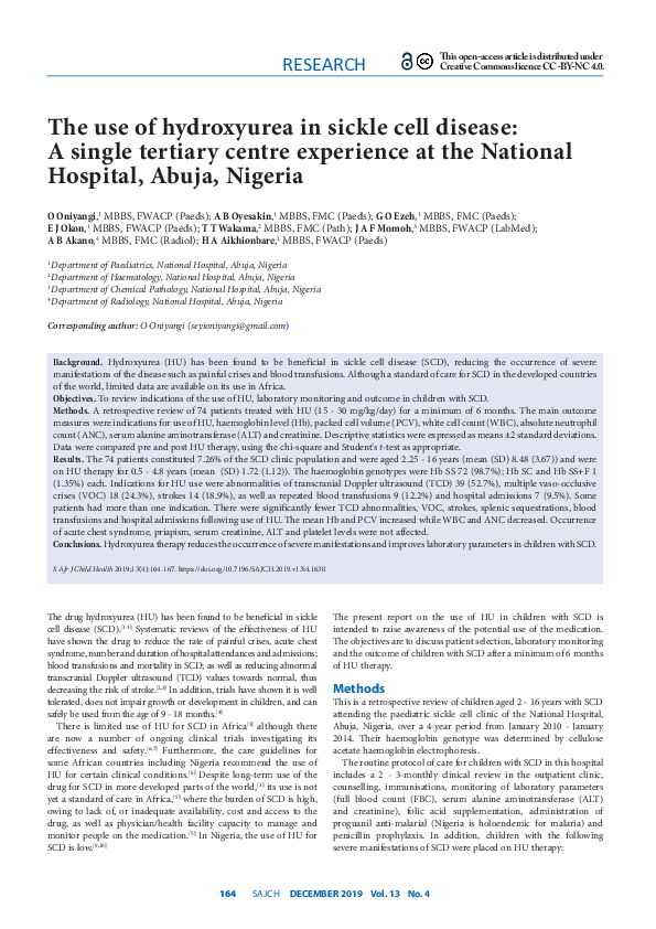 (PDF) The use of hydroxyurea in sickle cell disease: A single tertiary ...