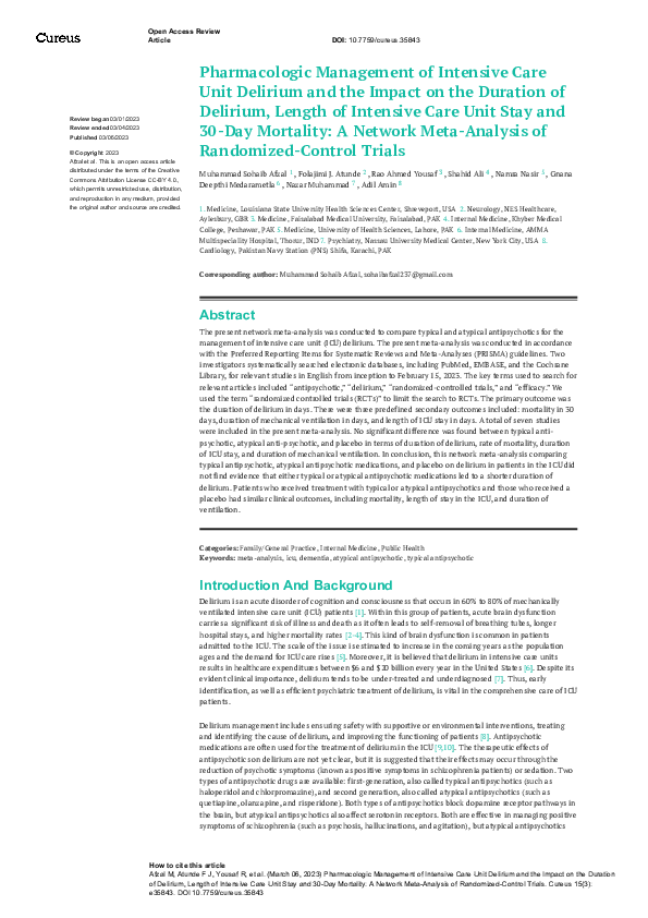 (PDF) Pharmacologic Management of Intensive Care Unit Delirium and the ...