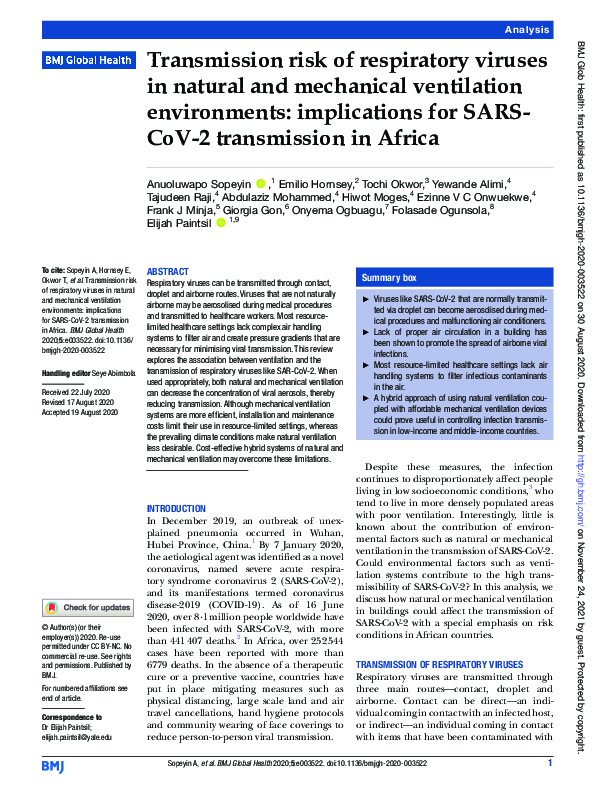 (PDF) Transmission risk of respiratory viruses in natural and ...