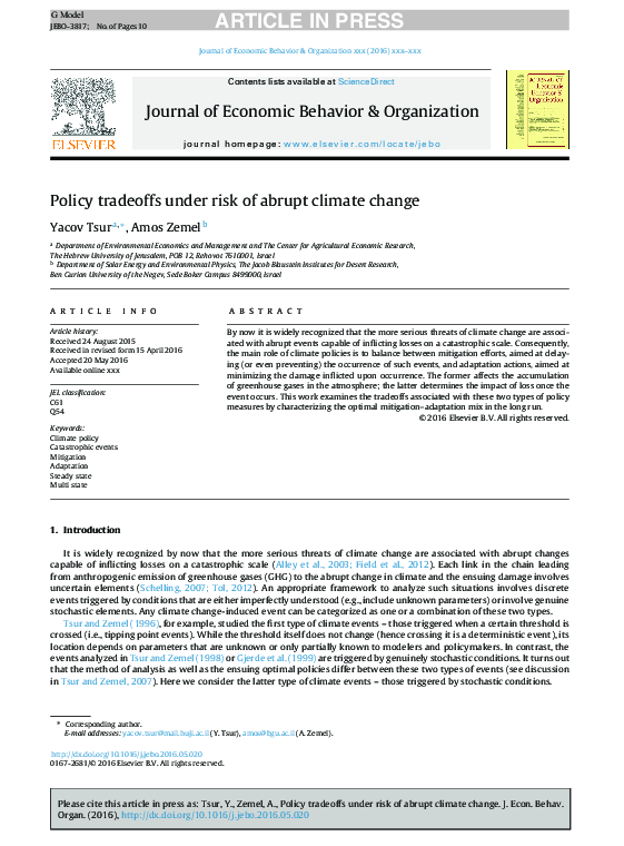 (PDF) Policy tradeoffs under risk of abrupt climate change