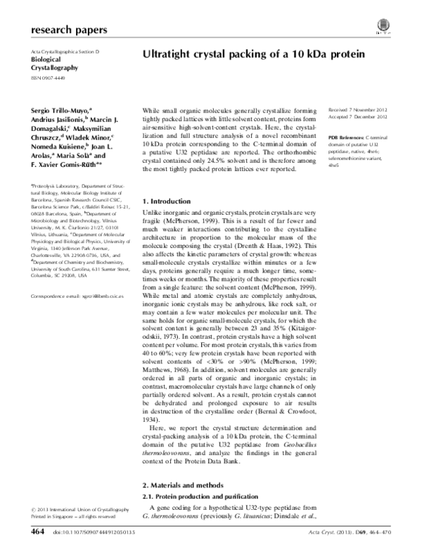 (PDF) Ultratight crystal packing of a 10 kDa protein