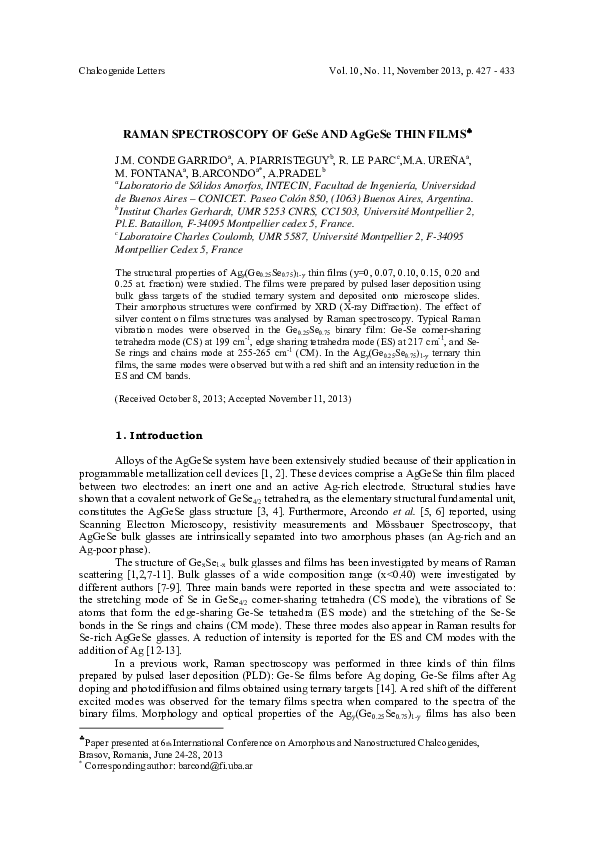 (PDF) Raman spectroscopy of GeSe and AgGeSe thin films