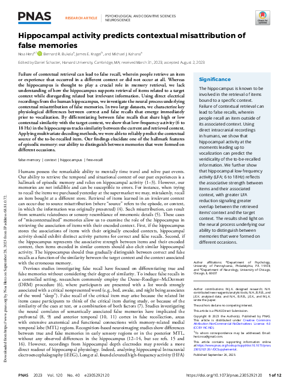 (PDF) Hippocampal activity predicts contextual misattribution of false ...