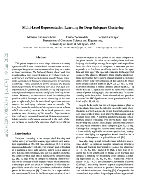 (PDF) Multi-Level Representation Learning for Deep Subspace Clustering