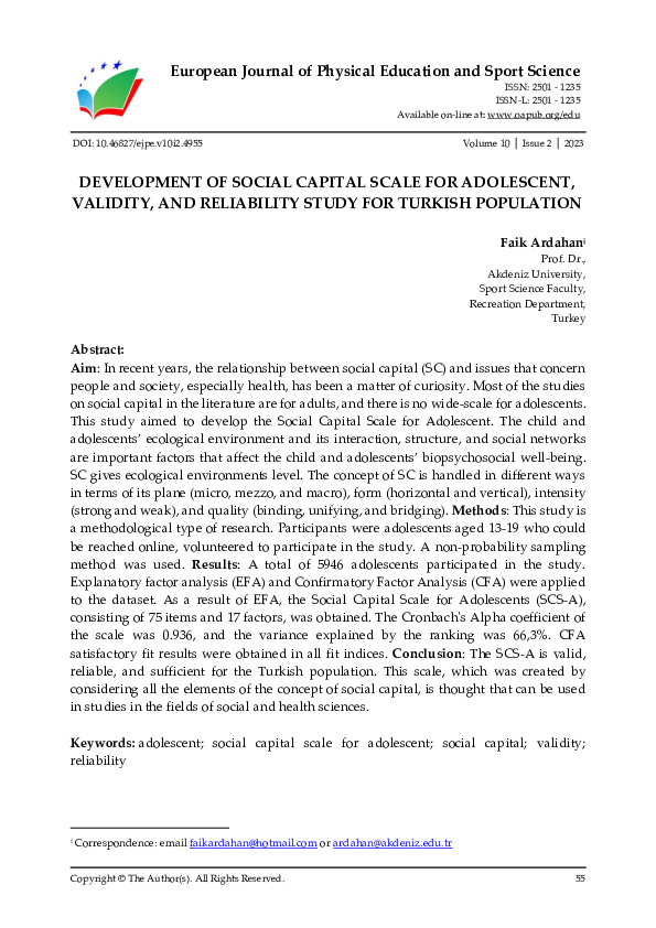 (PDF) Development of Social Capital Scale for Adolescent, Validity, and ...
