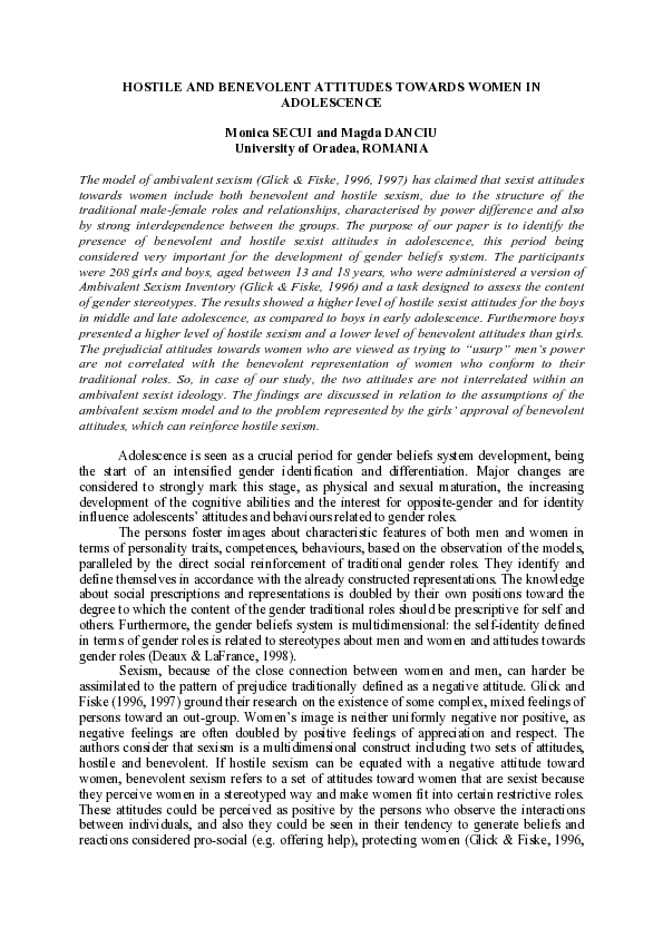 (PDF) Hostile and Benevolent Attitudes Towards Women in Adolescence
