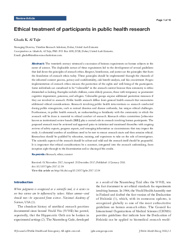 (PDF) Ethical treatment of participants in public health research