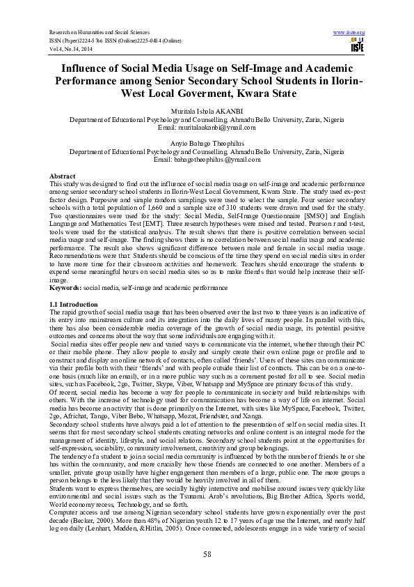 (PDF) Influence of Social Media Usage on Self-Image and Academic ...