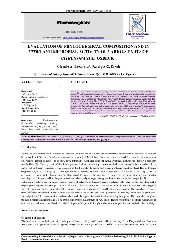 (PDF) Evaluation of Phytochemical Composition and in Vitro ...