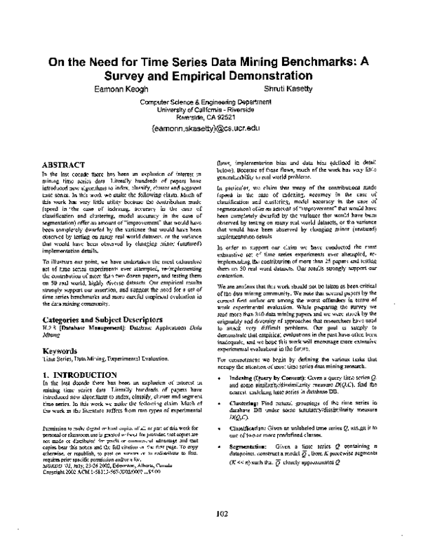 (PDF) On the need for time series data mining benchmarks