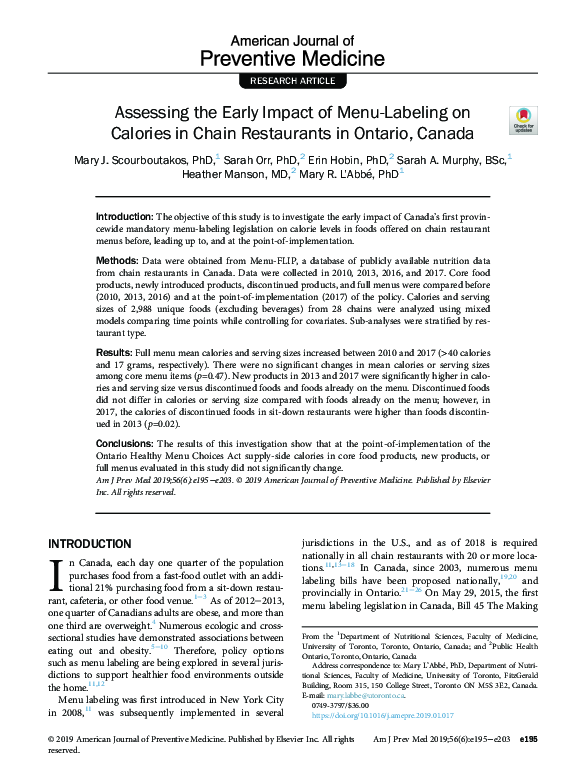 (PDF) Assessing the Early Impact of Menu-Labeling on Calories in Chain ...