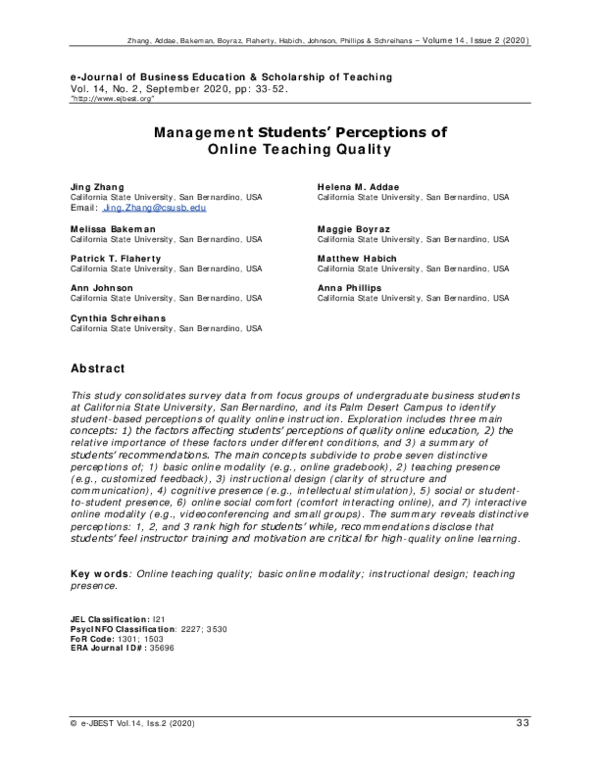 (PDF) Management Students' Perceptions of Online Teaching Quality