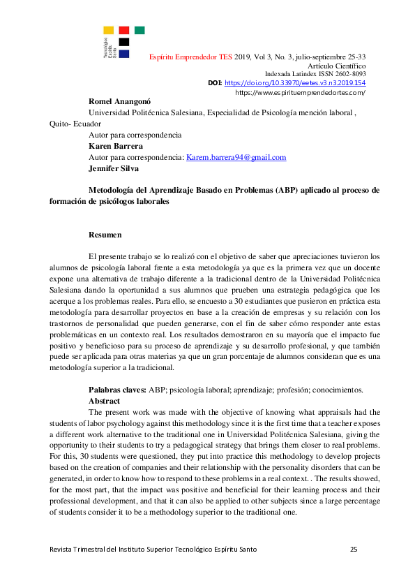 Metodología del Aprendizaje Basado en Problemas (ABP) aplicado al proceso de formación de psicólogos laborales