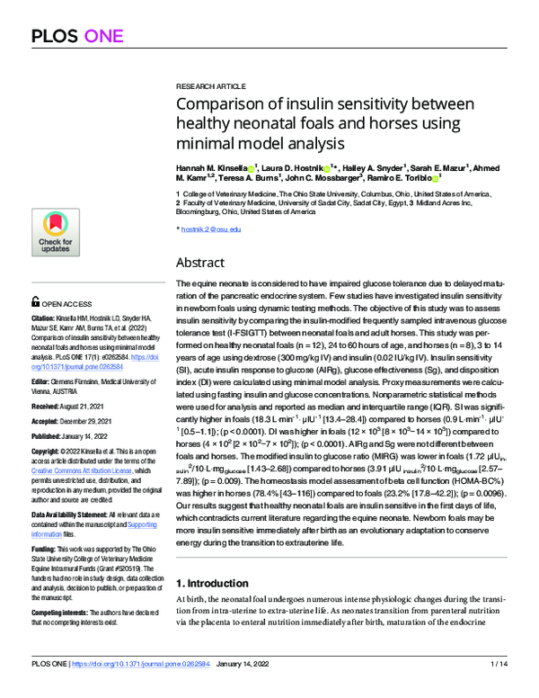(PDF) Comparison of insulin sensitivity between healthy neonatal foals ...