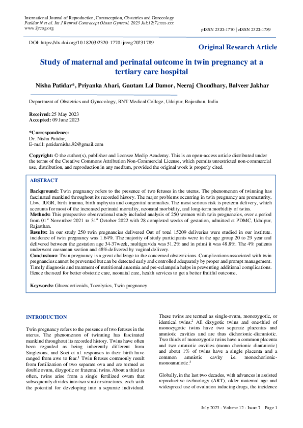 (PDF) Study of maternal and perinatal outcome in twin pregnancy at a ...