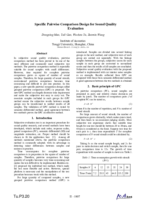 Specific Pairwise Comparison Design for Sound Quality Evaluation